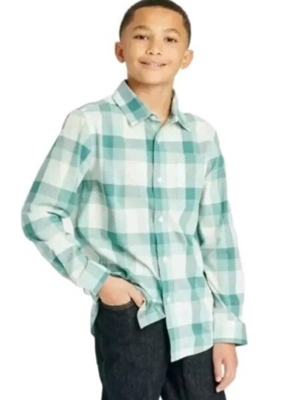 Cat & Jack Plaid Button Up Shirt Boys Size 14 XL Green Long Sleeve New Preppy
